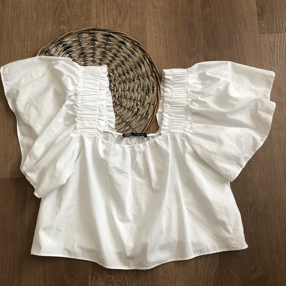 ZARA White Square Crop Top Wide Short Sleeve Medium - Picture 3 of 6